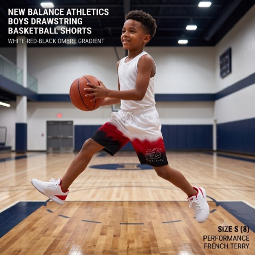 New Balance Boys Basketball Shorts Ombre Gradient White Red Black Size S (8)